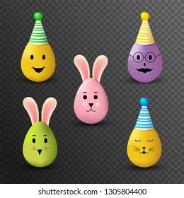 Colorful cute easter eggs with funny expression wearing party hats on transparent background.