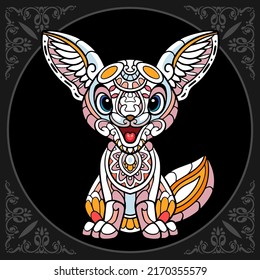 Colorful cute fennec fox cartoon zentangle arts. isolated on black background.