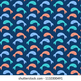 Colorful cute fish pattern on dark background simple flat vector