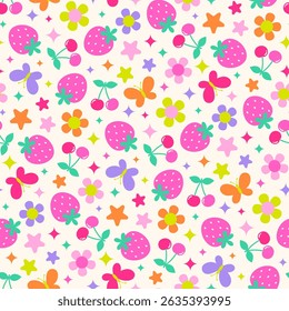 Colorful cute floral, berry fruit, butterfly and star seamless pattern background.