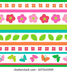 Colorful cute floral and butterfly seamless pattern with stripes background