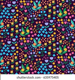 Colorful cute floral flower leafs natural seamless vector pattern