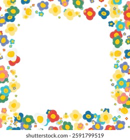 Colorful cute floral frame. Naive art, hand drawn children illustration. Doodle flowers border