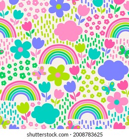 Colorful cute floral, rainbow, and cloud seamless pattern background.