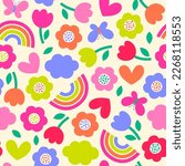 Colorful cute floral and rainbow seamless pattern background.