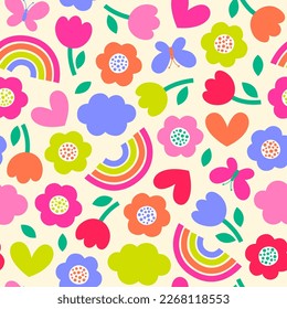 Colorful cute floral and rainbow seamless pattern background.