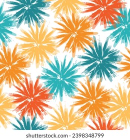 Colorful cute floral and rainbow seamless pattern background.  Raster bitmap illustration. Art expression painting style.