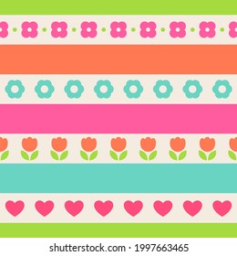Colorful cute floral seamless pattern with striped background.