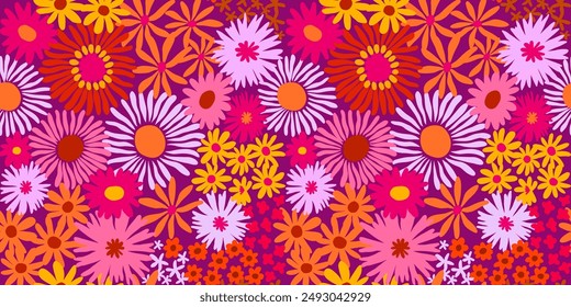 Colorful cute floral seamless pattern. Vector meadow background with various groovy flowers. Summer abstract wallpaper. Pink, orange, lilac, magenta palette.