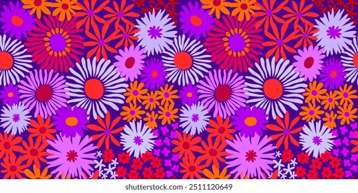 Colorful cute floral seamless pattern. Vector meadow background with various groovy flowers. Summer abstract wallpaper. Purple, pink, orange, lilac, magenta palette.	