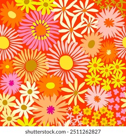 Colorful cute floral seamless pattern. Vector meadow background with various groovy flowers. Summer abstract wallpaper. Red, yellow, golden, orange, pink colour palette.	
