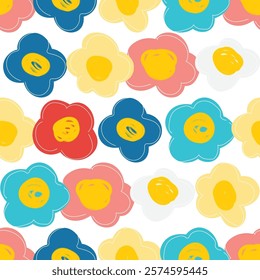 Colorful cute floral seamless pattern Naive art, hand drawn doodle flowers