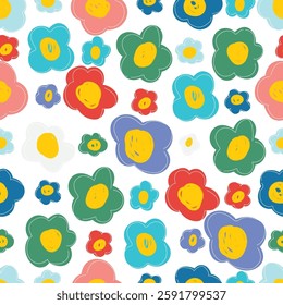Colorful cute floral seamless pattern. Naive art, children illustration. Doodle flowers. Good for print or wrapping paper