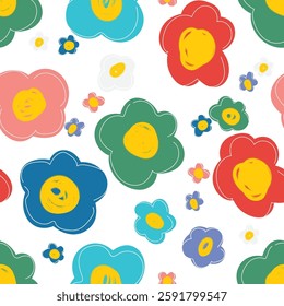 Colorful cute floral seamless pattern. Naive art, children illustration. Doodle flowers. Textile print wallpaper or wrapping paper design