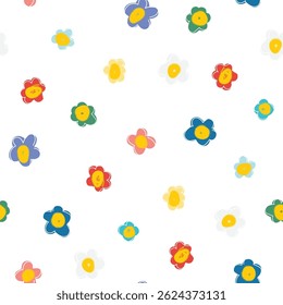 Colorful cute floral seamless pattern. Naive art, children illustration. Doodle flowers