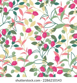 Colorful Cute Floral Strawberry Fruit Farm Vector Seamless Pattern can be use for background and apparel design