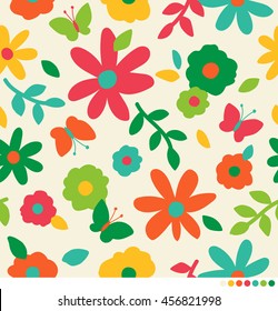 Colorful cute flower and butterfly pattern vector background
