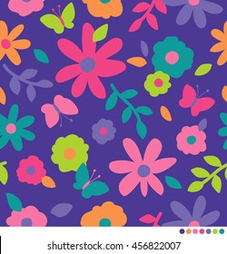 Colorful cute flower and butterfly pattern vector background