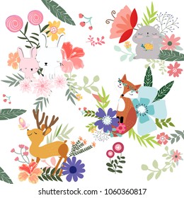 Colorful cute flower and woodland
 animals in spring summer garden,illustration vector by freehand doodle comic art cartoon