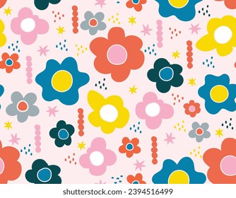 Colorful Cute Flowers Seamless Pattern. Trendy Groovy Floral Vector Background in 1970s  Matisse inspired  , Design for fashion , fabric, textile, wallpaper , wrapping and all prints 