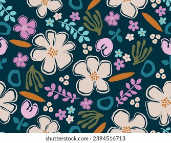 Colorful Cute Flowers Seamless Pattern. Trendy Groovy Floral Vector Background in 1970s  Matisse inspired  , Design for fashion , fabric, textile, wallpaper , wrapping and all prints 