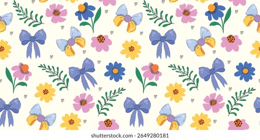 Colorful Cute Flowers Seamless Pattern with Ribbons. Doodle quirky summer and spring plants. Feminine repeatable background perfect for fashion, clothing, cards, invitations, wrapping paper