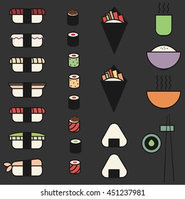 Colorful and Cute Food vector Icons collection as design elements, a set of Japanese Cuisine.