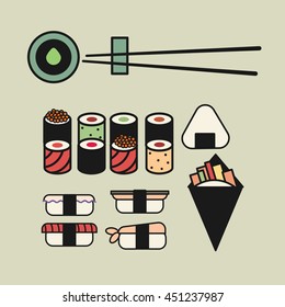Colorful and Cute Food vector Icons collection as design elements, a set of Japanese Cuisine.