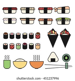 Colorful and Cute Food vector Icons collection as design elements, a set of Japanese Cuisine.