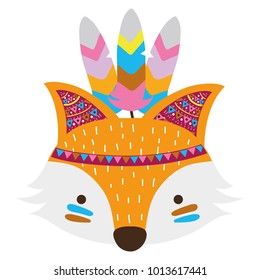 colorful cute fox head animal with feathers