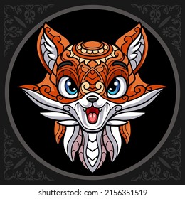  Colorful cute fox head cartoon mandala arts. isolated on black background.