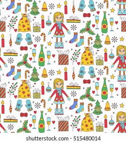 Colorful cute funny cartoon christmas doodles with traditional symbols seamless vector pattern girly 