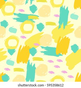 Colorful cute geometric calligraphic grunge seamless pattern with hand drawn brush strokes, circles, rings and paint splashes, lines, geometrical shapes. Messy texture,  grungy background. Vector.