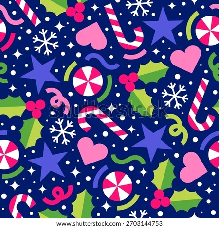 Colorful cute geometric elements seamless pattern design for Christmas and new year background.