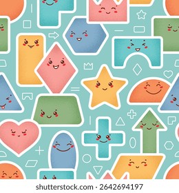 Colorful Cute Geometric Shapes Stickers Vector Seamless Pattern. Baby Background with Variety Happy Kawaii Characters. Fun Educational Design for Preschool, Back to School, Kids Learning