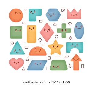 Colorful Cute Geometric Shapes Vector Set, Variety of Happy Kawaii Faces, Fun Educational Design for Preschool, Back to School, Kids Learning