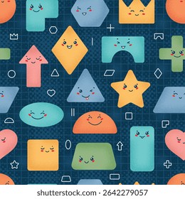 Vetor de Formas Geométricas Fofas Coloridas Padrão Sem Costura. Baby Background com Variedade Personagens Kawaii Felizes. Diversão Design Educacional para Pré-escola, Voltar à escola, Crianças Aprendizagem