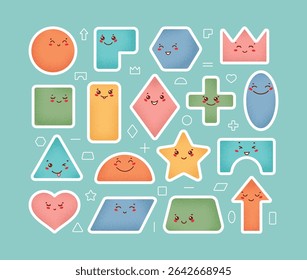 Colorful Cute Geometric Shapes Vector Sticker Set, Variety of Happy Kawaii Faces, Fun Educational Design for Preschool, Back to School, Kids Learning
