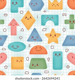 Colorful Cute Geometric Shapes Vector Seamless Pattern. Baby Background with Variety Happy Kawaii Characters. Fun Educational Design for Preschool, Back to School, Kids Learning