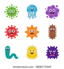 Colorful Cute Germs and Bacteria Cartoon Characters Set for Medical Education