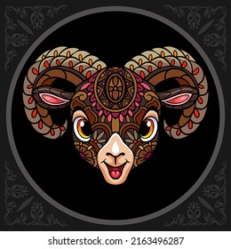 Colorful cute goat head cartoon zentangle arts. isolated on black background.
