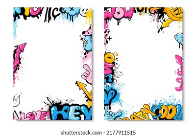 Colorful cute graffiti frame, poster or poster layout, art covers. Graphic set of street art with tags and graffiti with effect. A collection of street art background images. Vector illustration svg