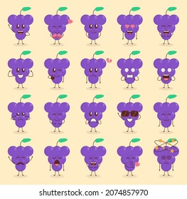 Colorful Cute Grape Cartoon Set with Various Expression
