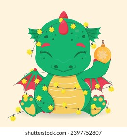 Colorful, cute, green baby dragon in a New Year's glowing garland and with a Christmas tree toy. Mythical animal. Year of the Dragon Symbol of 2024. Vector, bright illustration in cartoon style.