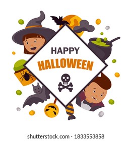 Colorful cute Halloween design for kid’s party invitation. Space for text. Vector illustration