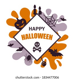Colorful cute Halloween design for kid’s party invitation. Square frame with silhouette elements. Space for text. Vector illustration