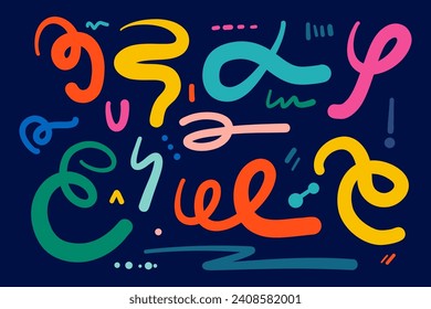 colorful cute hand drawn abstract line doodle stroke shape set. Childish cute drawing. Modern design elements vector illustration texture. childish scribble shape backdrop.