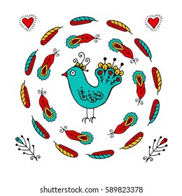 Colorful cute hand drawn bird and feathers doodle vector set