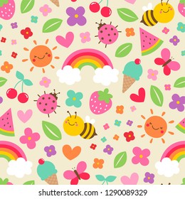 Colorful cute hand drawn cartoon insect ,rainbow, sun, flower and fruit seamless pattern background