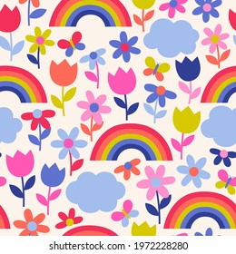 Colorful cute hand drawn floral, rainbow, cloud and butterfly seamless pattern background